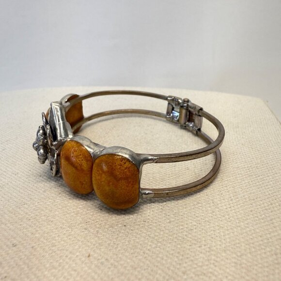 Handmade Vintage Hinged Bangle Bracelet Silver-Tone Boho Tan Blue Floral - Picture 5 of 10